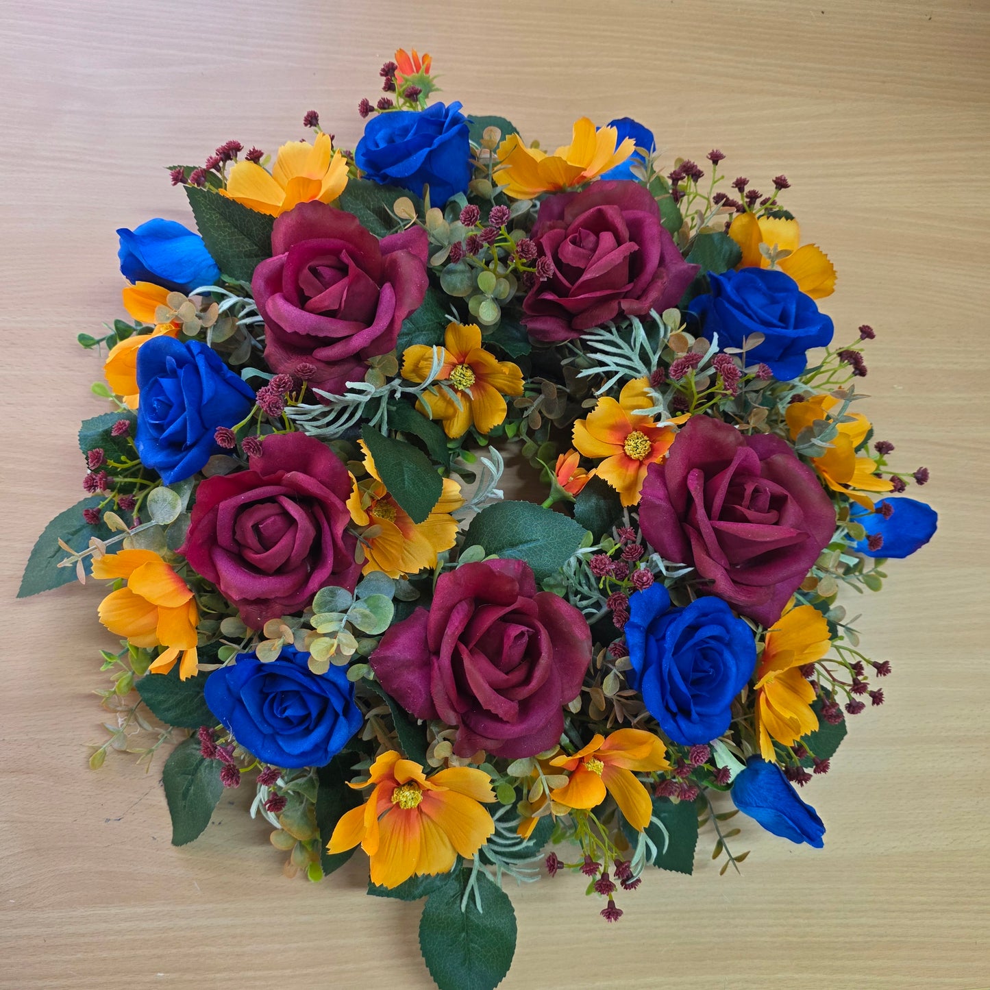 Wreath in Lions Football Colours (Burgundy, Gold and Navy.)