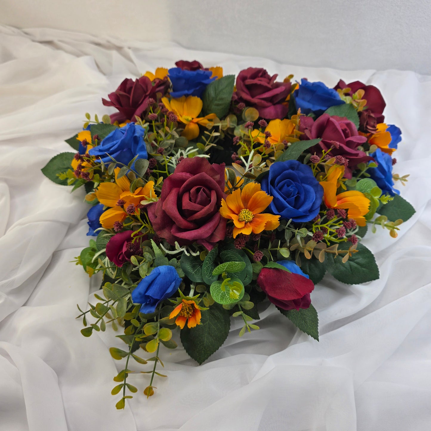 Heart Shape Wreath in Lions Football Colours (Burgundy, Gold and Navy.)
