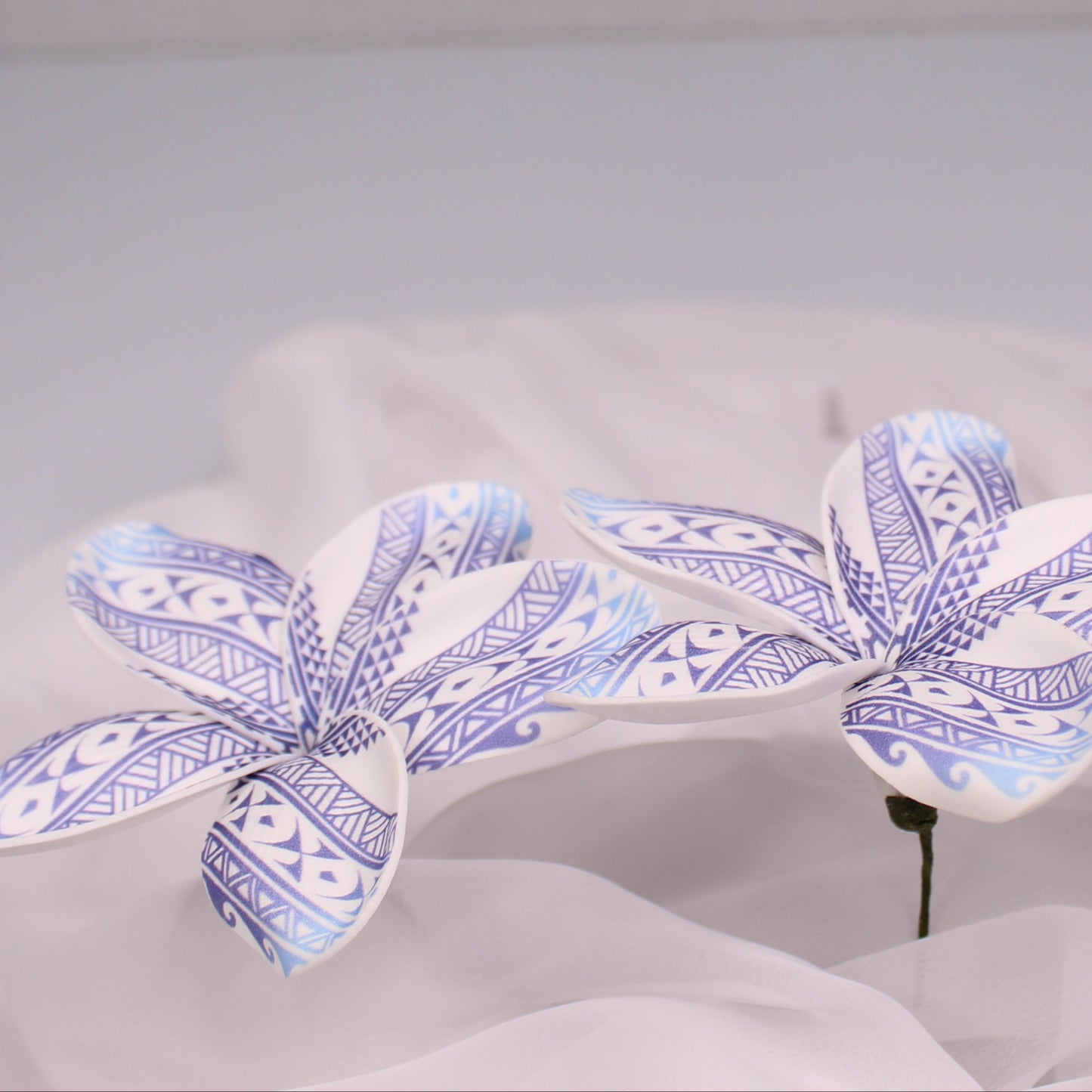 Blue and White Tribal Tattoo Frangipani Real Touch 11cm Single Stem - Realistic Artificial Flowers
