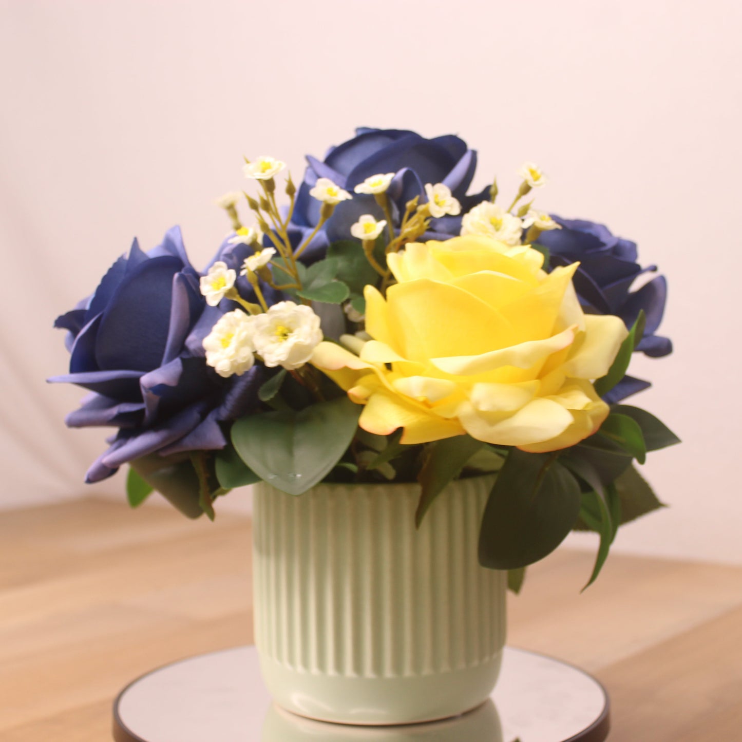 Royal Blue and Yellow Rose Arrangement - Realistic Artificial Flowers