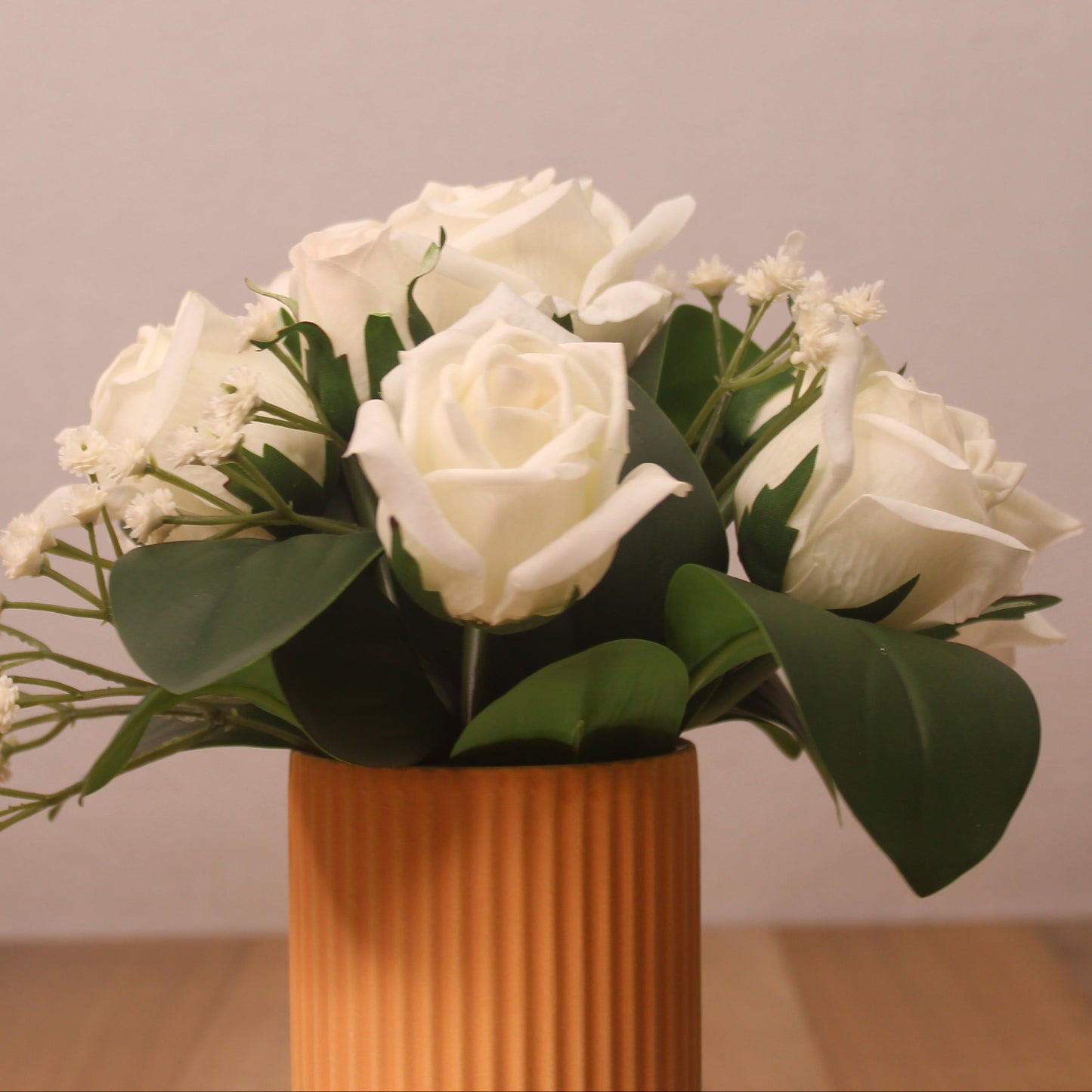Classic White Rose and Baby’s Breath Arrangement - Realistic Artificial Flowers