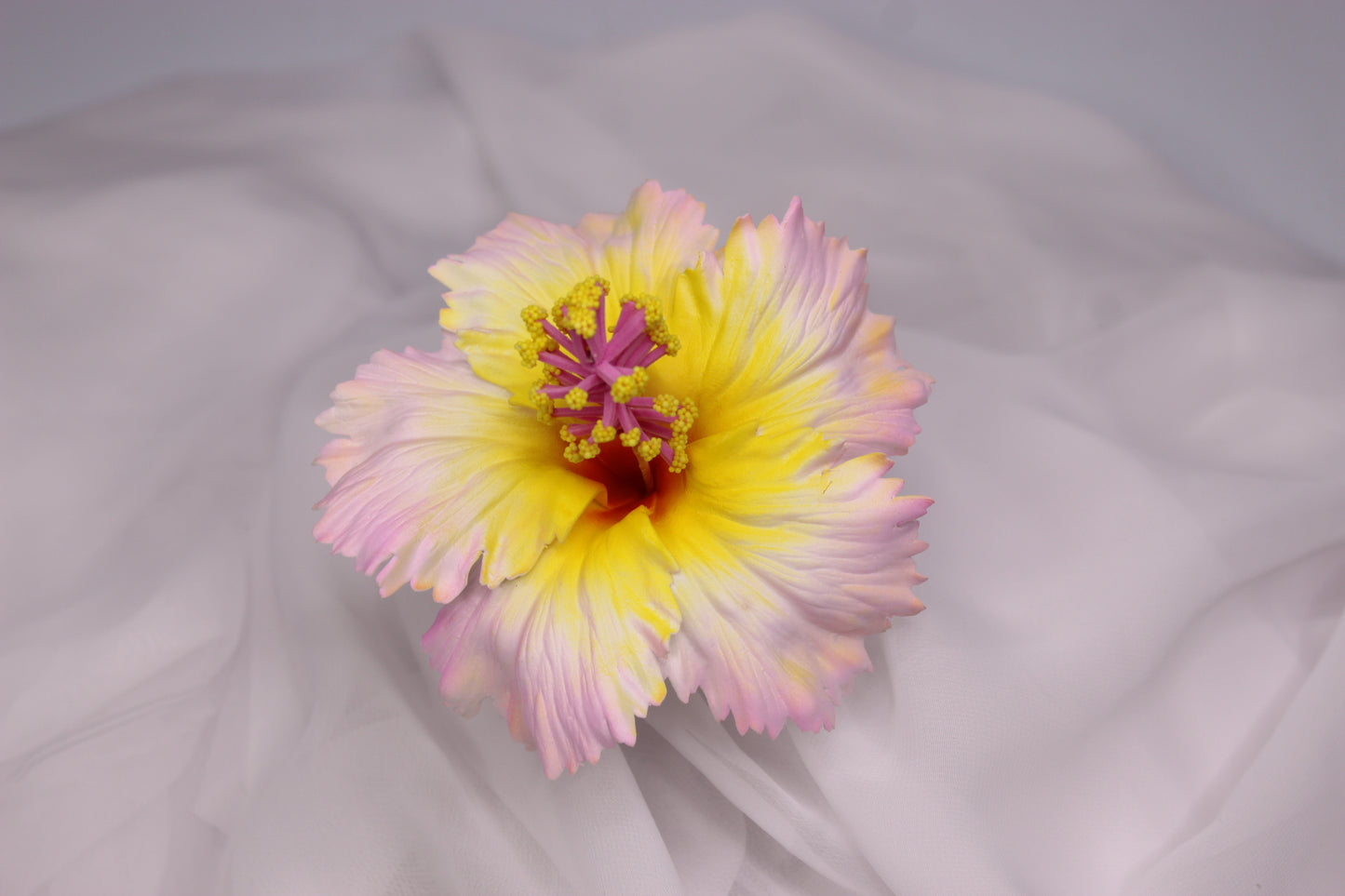 Pink and Yellow Hibiscus Real Touch Flowerhead 8cm - Realistic Artificial Flowers