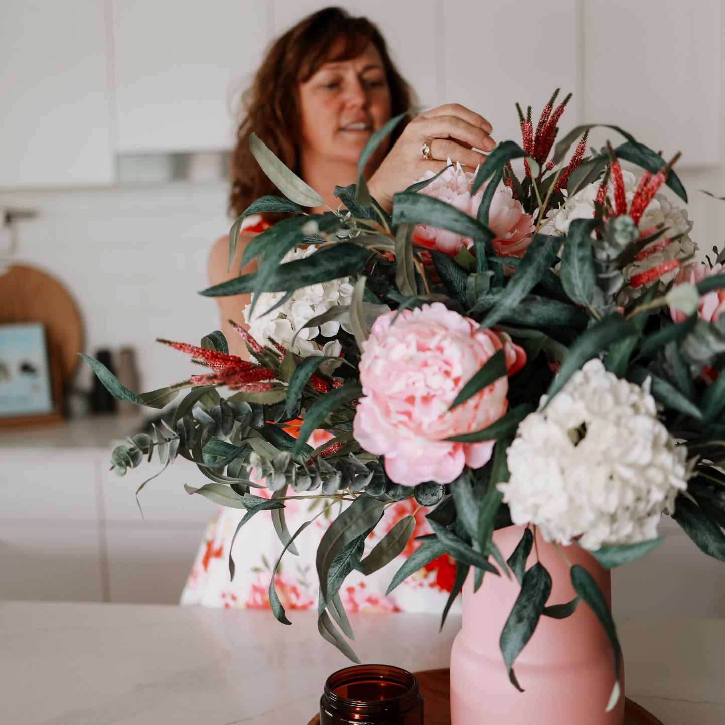 Pink Garden Blooms in Ceramic Vase - Realistic Artificial Flowers