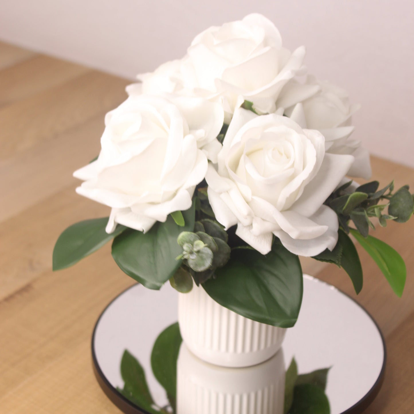 Pure White Rose Arrangement with Eucalyptus - Realistic Artificial Flowers