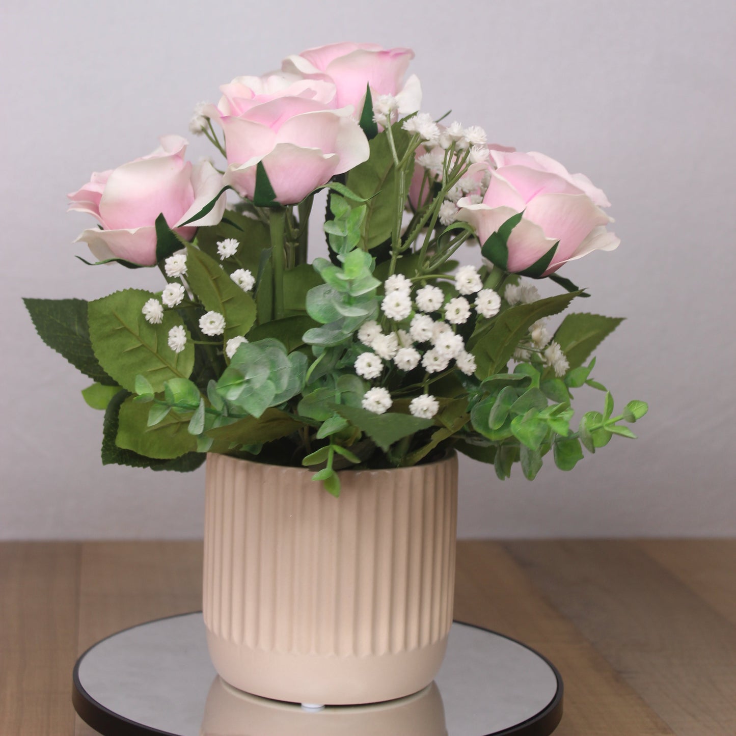 Soft Pink Rose Arrangement with Baby’s Breath in Neutral Textured Vase