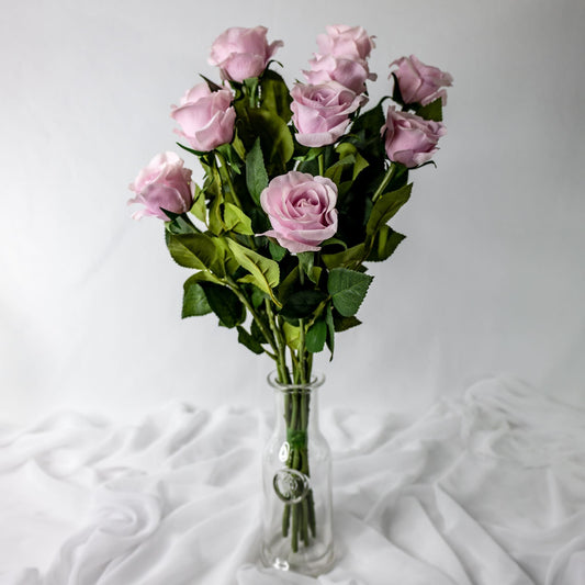 artificial Lilac Real Touch Half Bloom Roses in clear glass vase