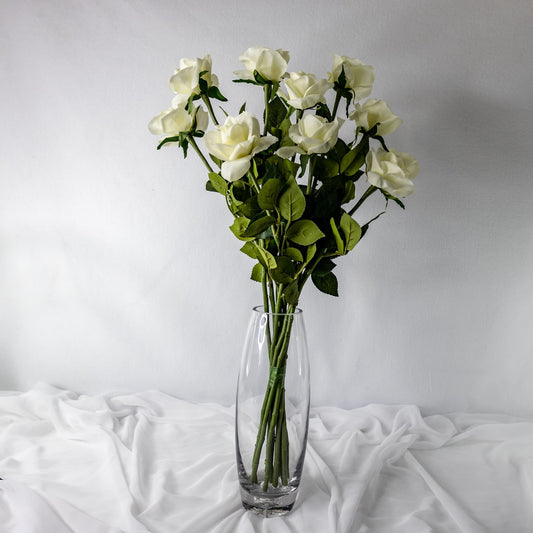 artificial Off White Real Touch Open Bloom Roses in clear glass vase