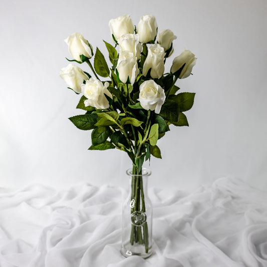 artificial Off White Real Touch Open Bud Roses in clear glass vase