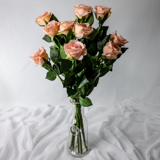Artificial Pink Candy Real Touch Half Bloom Roses in clear glass vase
