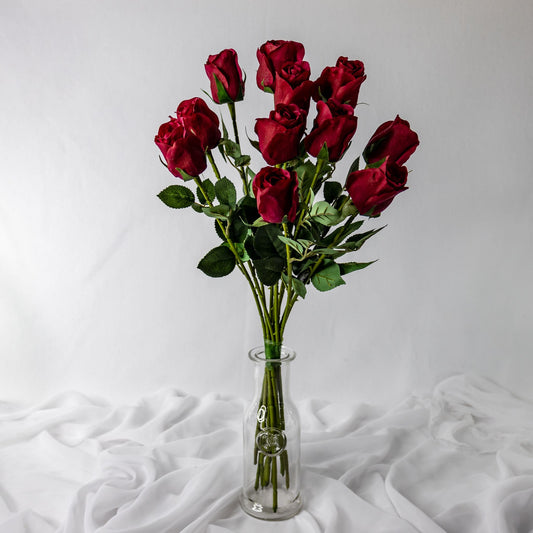 artificial Red Real Touch Open Bud Roses in clear glass