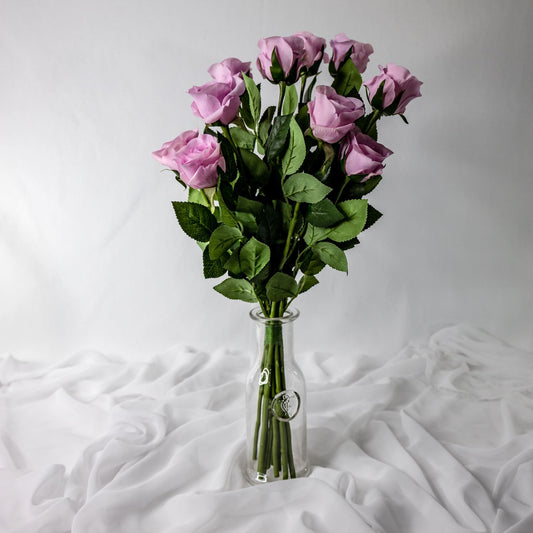 artificial Vintage Lilac Real Touch half bloom Roses in clear vase