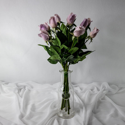 artificial Vintage Lilac Real Touch Rose buds in clear vase