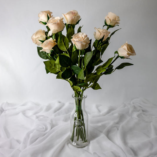 artificial Pale Peach Real Touch Half Bloom Roses in clear glass vase