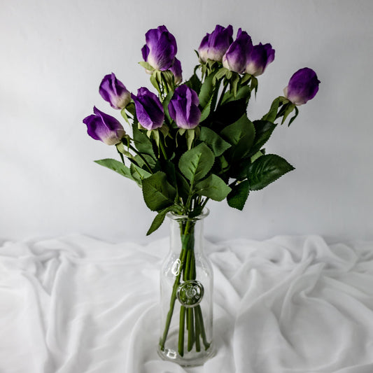 artificial Purple Real Touch Rose Buds in glass vase