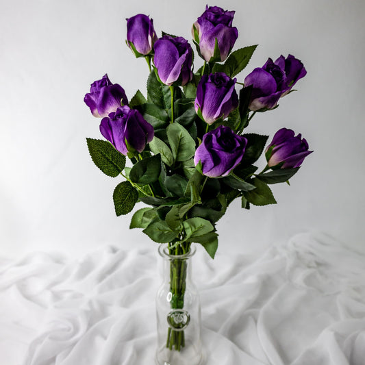 artificial Purple Real Touch Rose Open Buds in glass vase