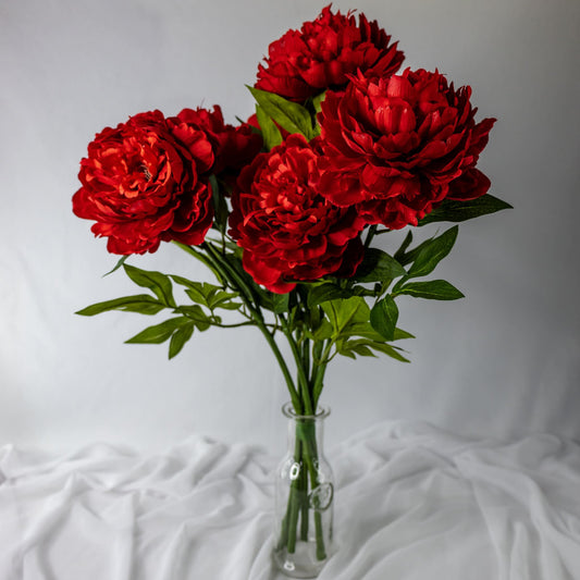 artificial Red Peonies Large Bloom in glass vase