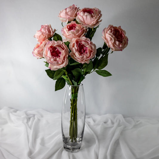 artificial Dusky Pink David Austin Real Touch Half Bloom Roses in glass vase