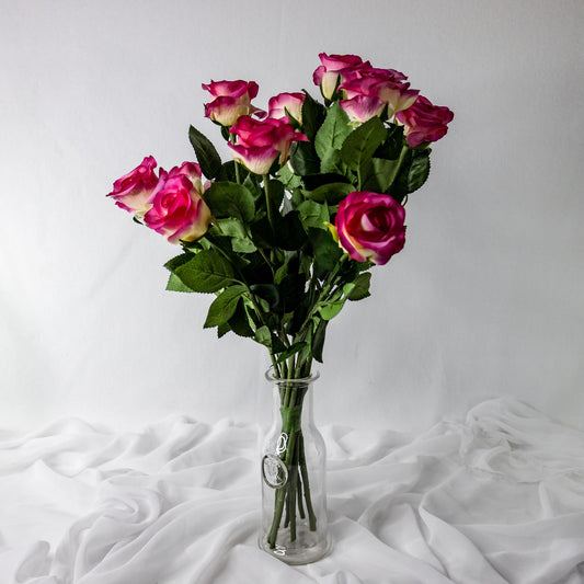 artificial Cream Fuchsia Real Touch Roses in glass vase