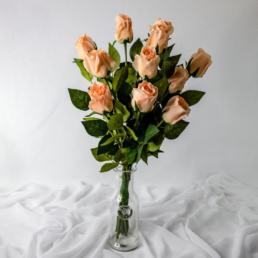artificial Coral Real Touch Open Bud Roses in glass vase