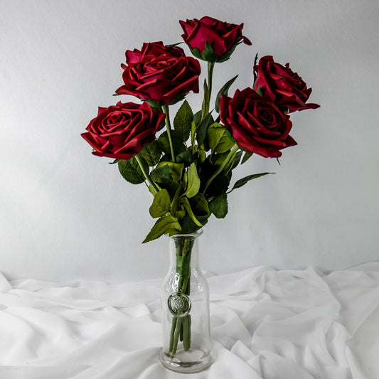 artificial Red Natural Real Touch Roses in glass vase
