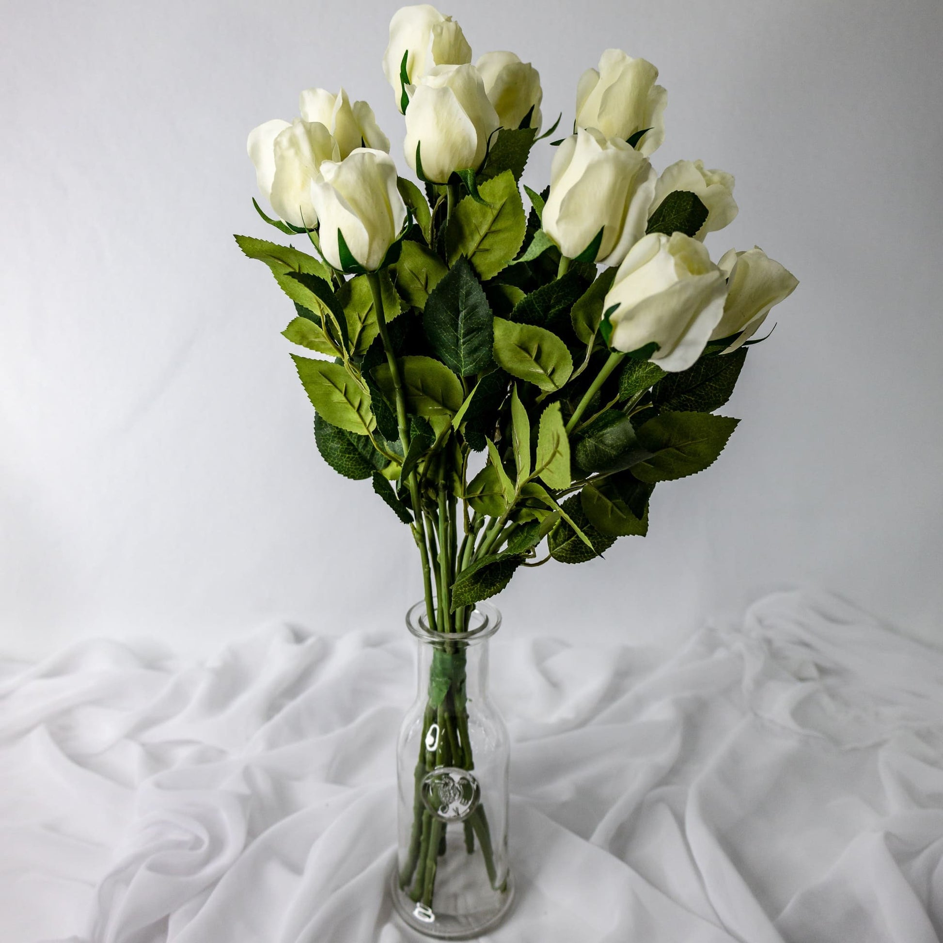 artificial Bridal White Real Touch Open Bud Roses in glass vase
