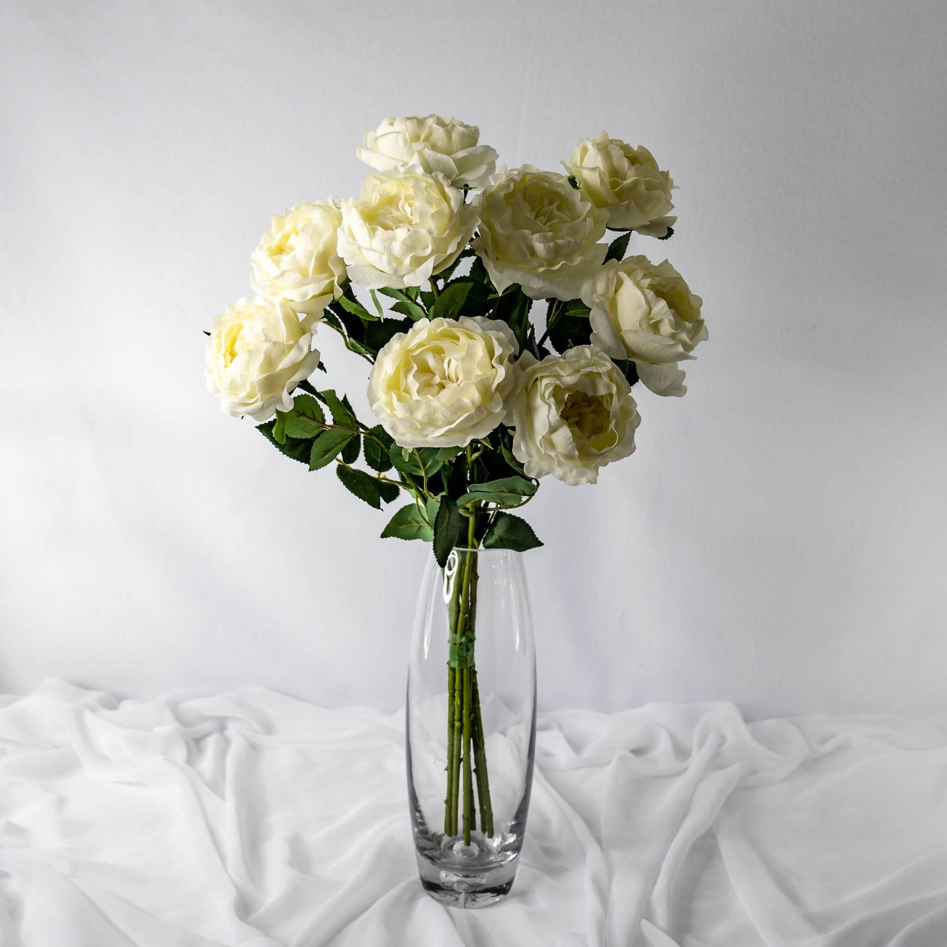 artificial Bridal White David Austin Real Touch Half Bloom Roses in glass vase