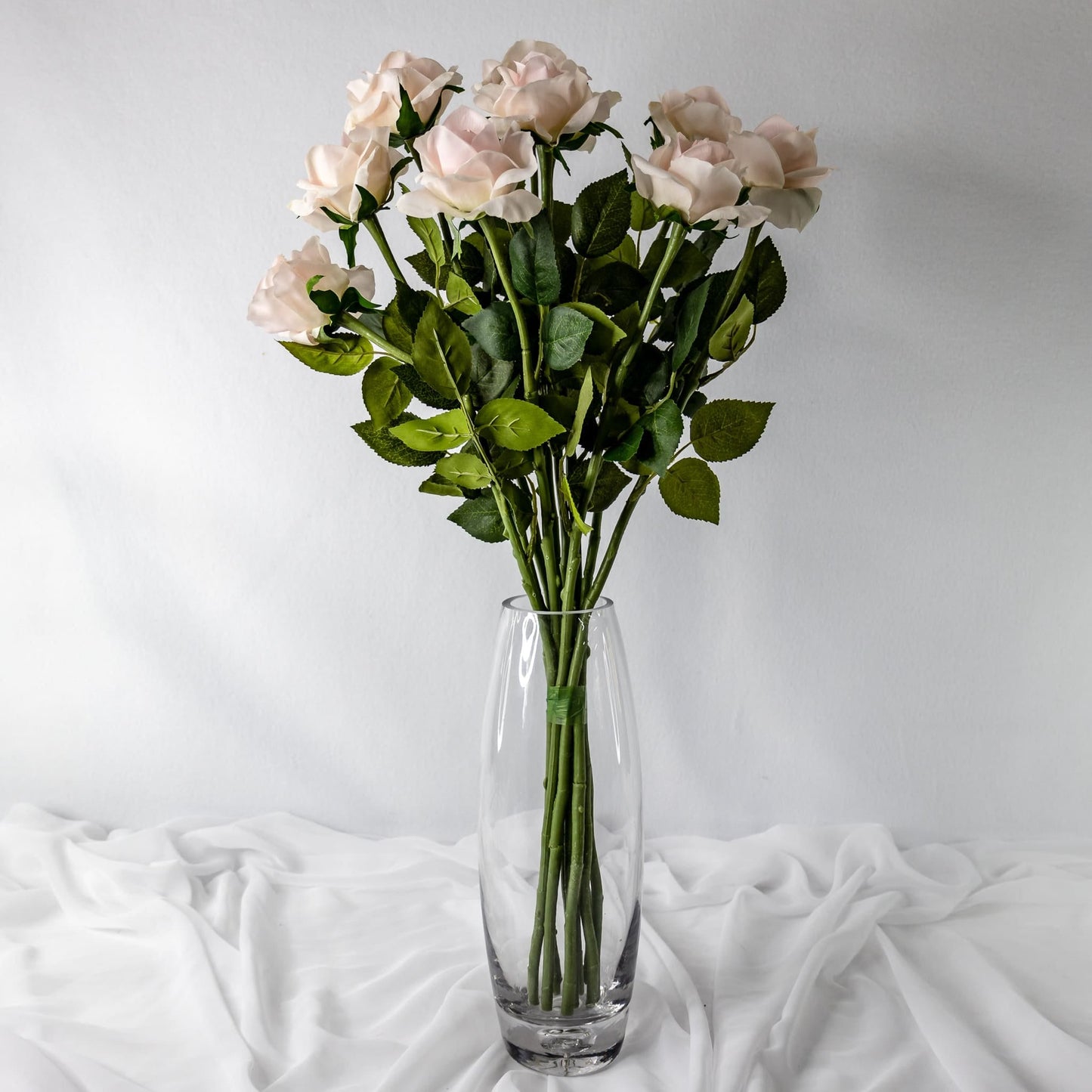 artificial Light Pink Real Touch Open Bloom Roses in glass vase