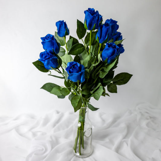 artificial Deep Blue Real Touch Open Rose Buds in glass vase