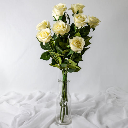 Cream Real Touch Half Bloom Roses in glass vase in glass vase