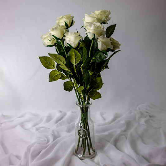 artificial Bridal White Real Touch Half bloom Roses in glass vase