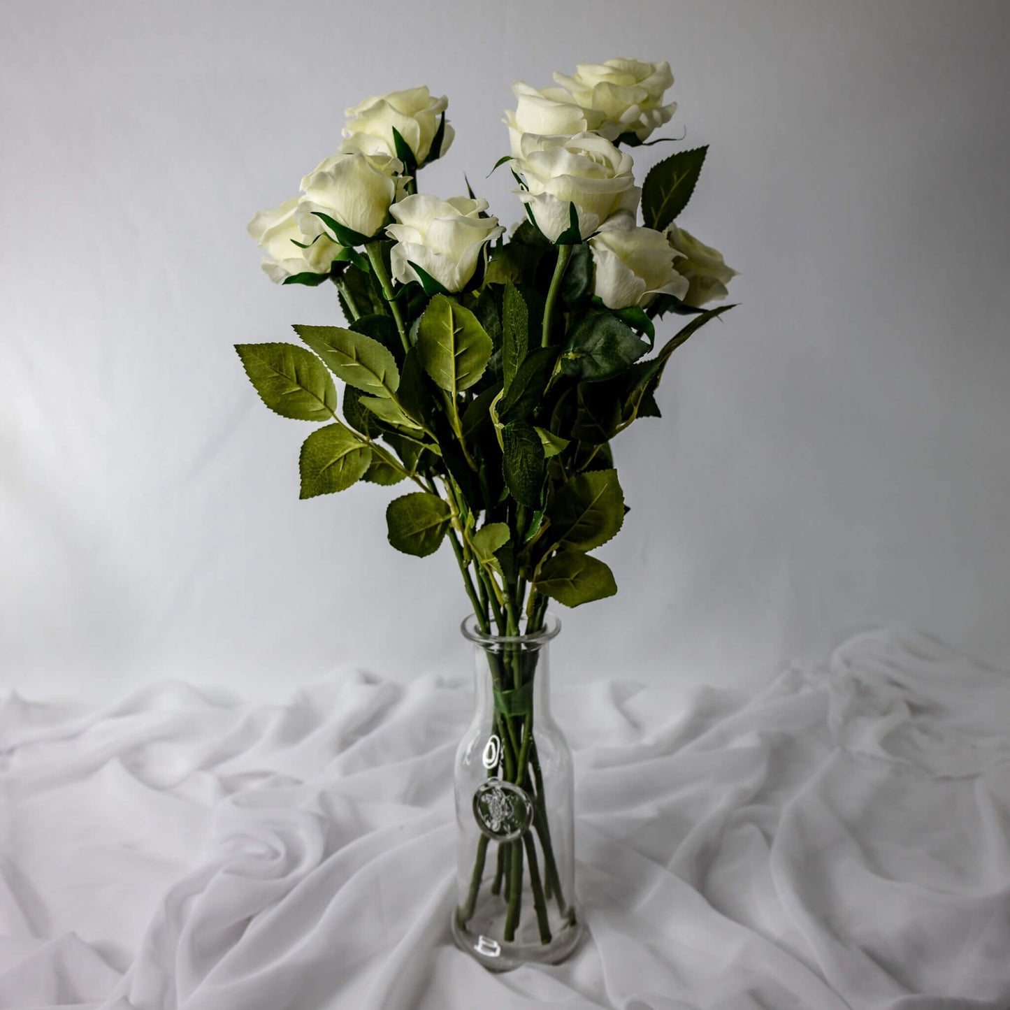 artificial Bridal White Real Touch Half bloom Roses in glass vase