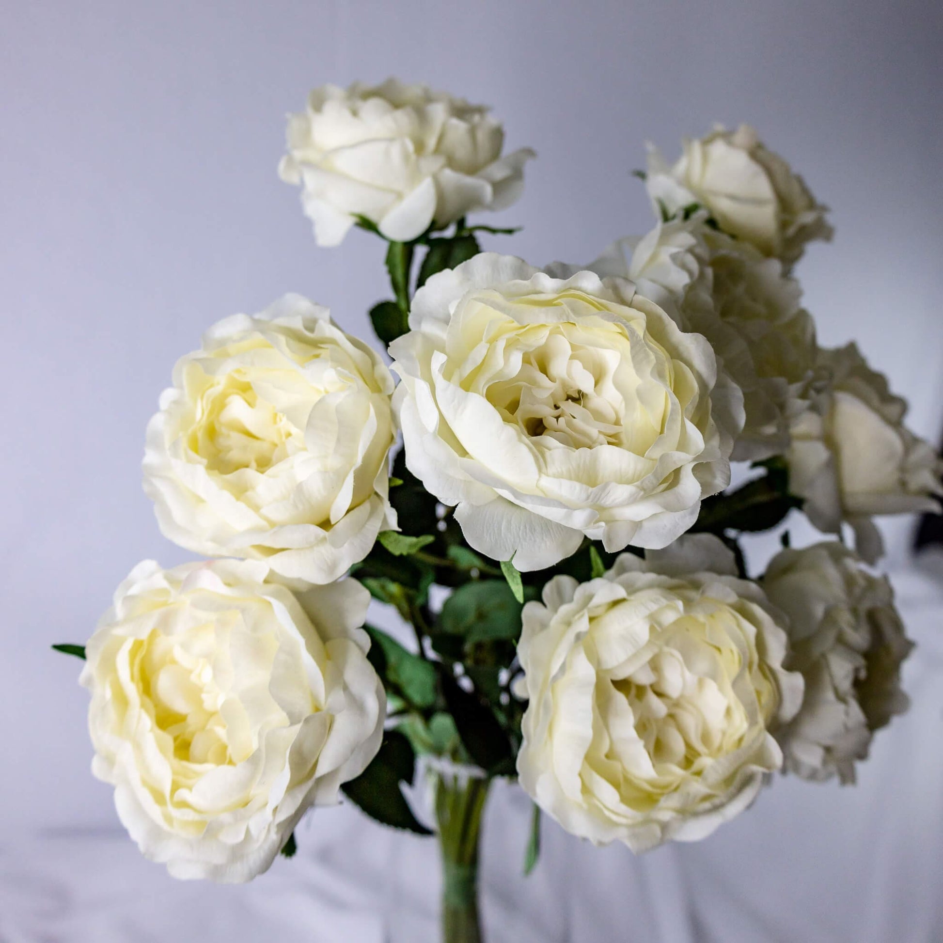 artificial Bridal White David Austin Real Touch Half Bloom Roses closer look