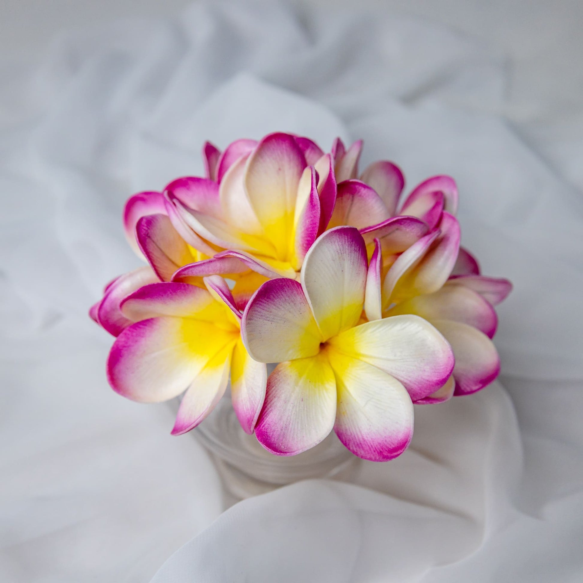 artificial white fuchsia frangipani flowerhead in clear glass vase