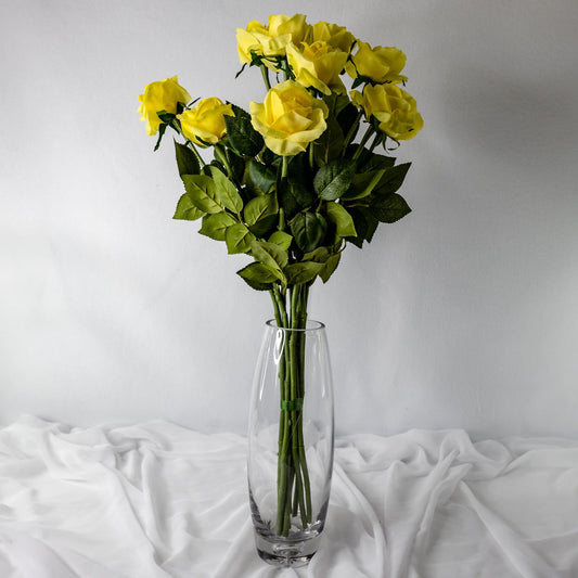 artificial Yellow Real Touch open bloom Roses in glass vase