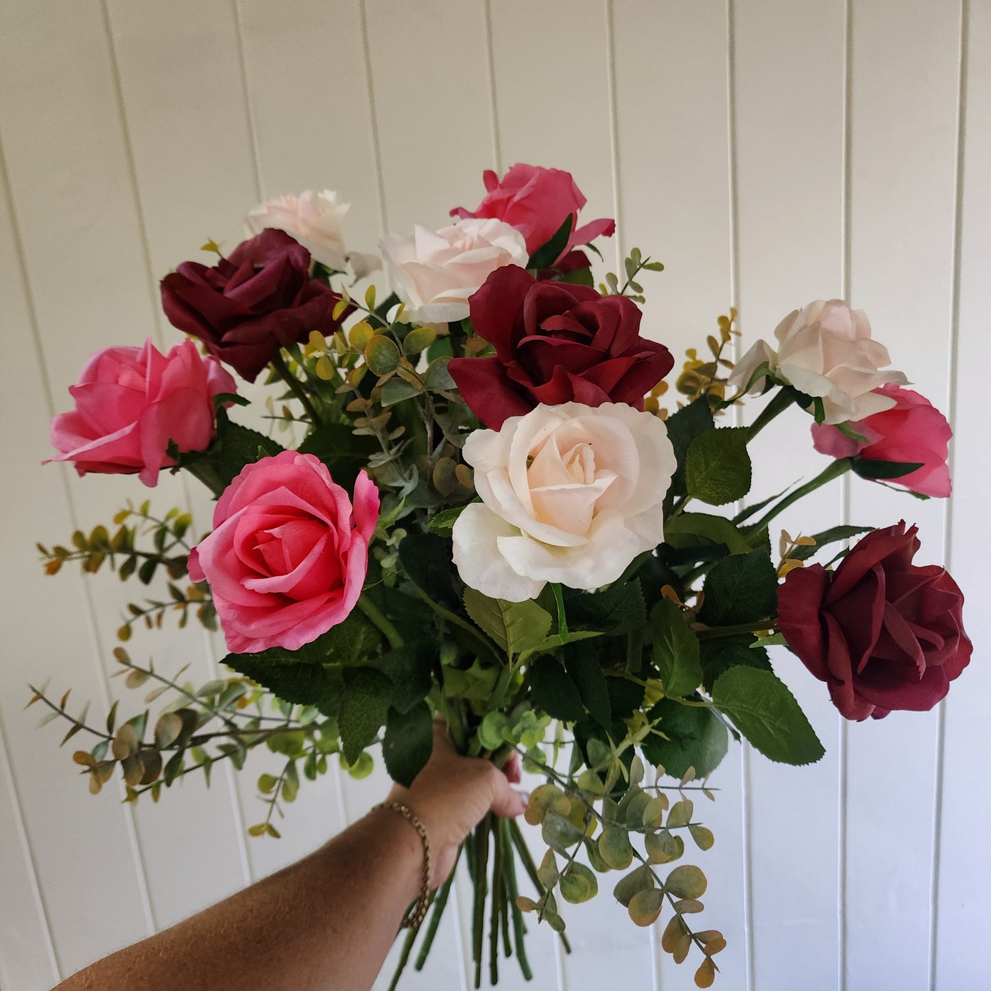 Dozen Mixed Open Rose Bouquet -Real Touch Blooms