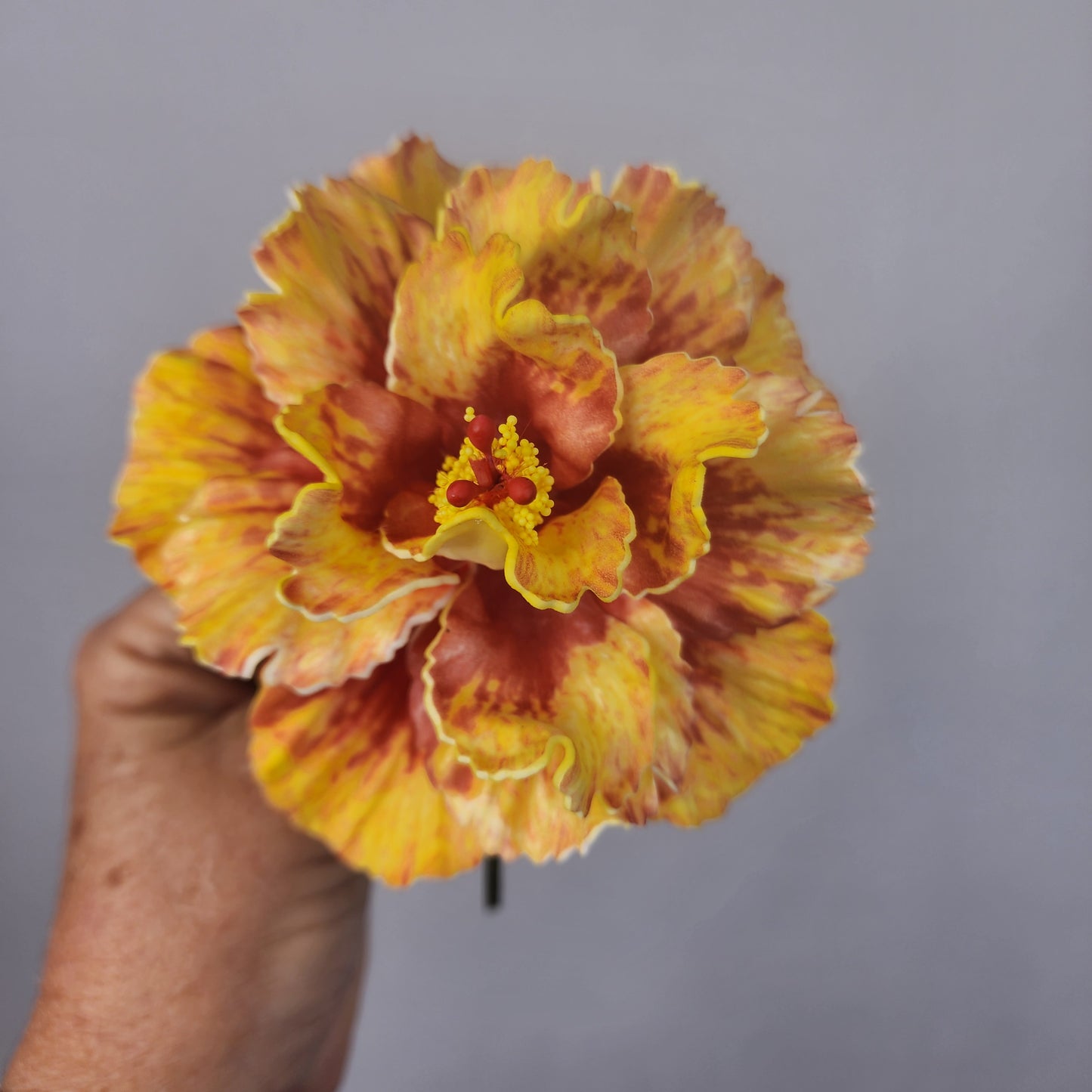 Hibiscus Gold and Red Triple Petal Exotic Flowerhead 12.5cm - Realistic Artificial Flowers