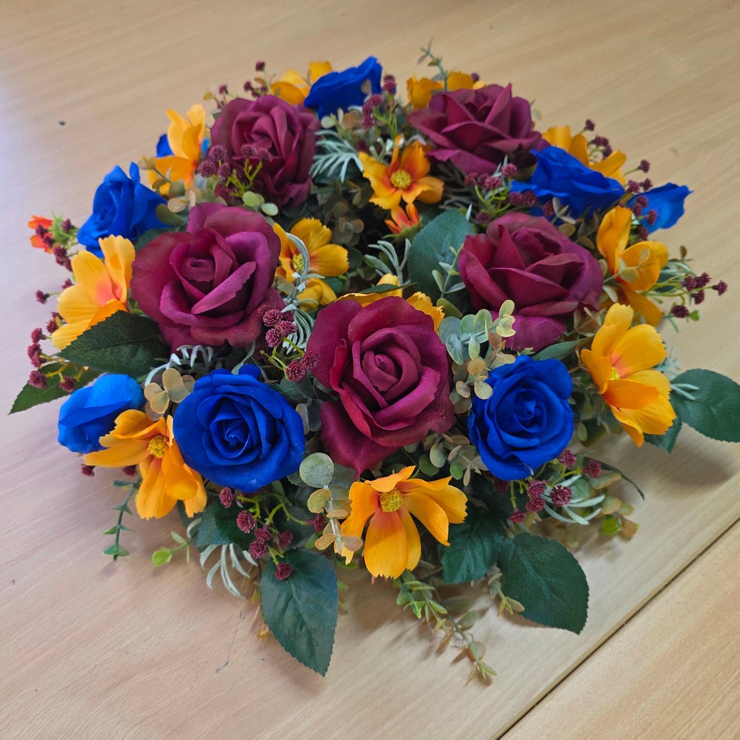 Wreath in Lions Football Colours (Burgundy, Gold and Navy.)