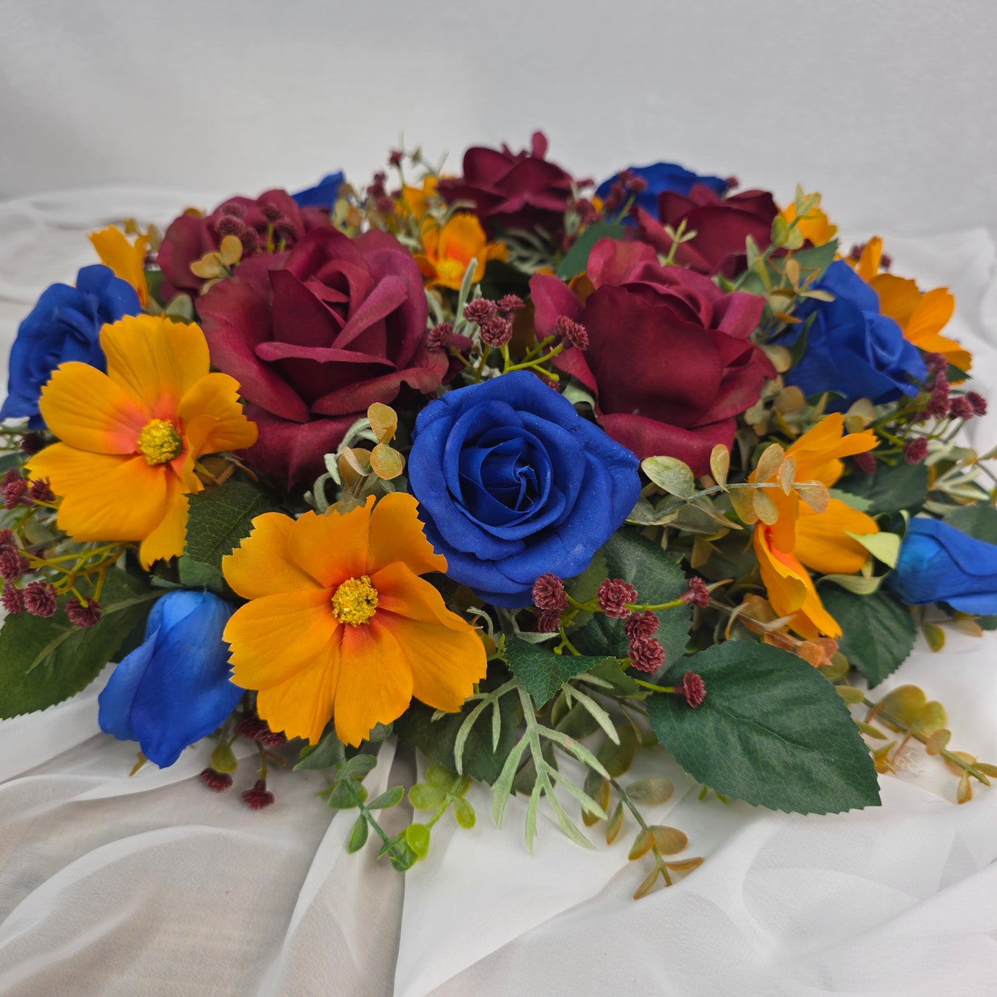 Wreath in Lions Football Colours (Burgundy, Gold and Navy.)