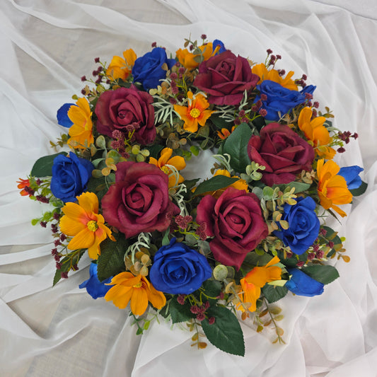 Wreath in Lions Football Colours (Burgundy, Gold and Navy.)
