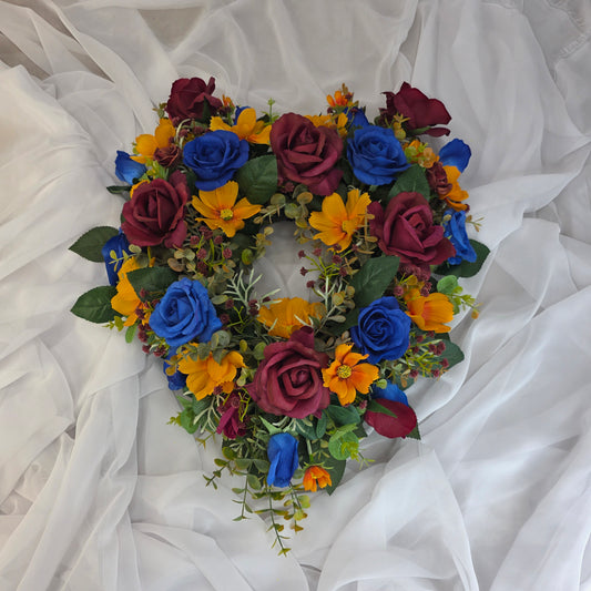 Heart Shape Wreath in Lions Football Colours (Burgundy, Gold and Navy.)