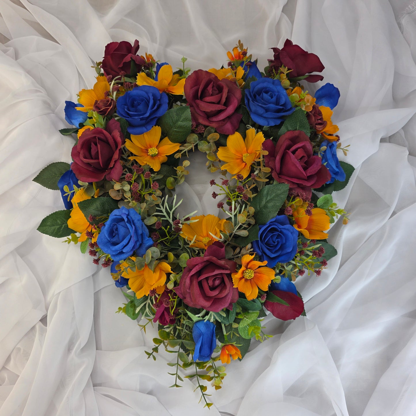 Heart Shape Wreath in Lions Football Colours (Burgundy, Gold and Navy.)