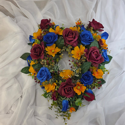 Heart Shape Wreath in Lions Football Colours (Burgundy, Gold and Navy.)