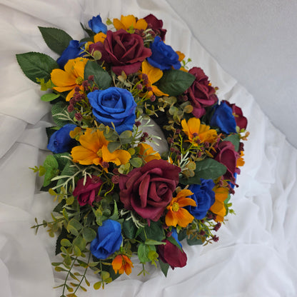 Heart Shape Wreath in Lions Football Colours (Burgundy, Gold and Navy.)