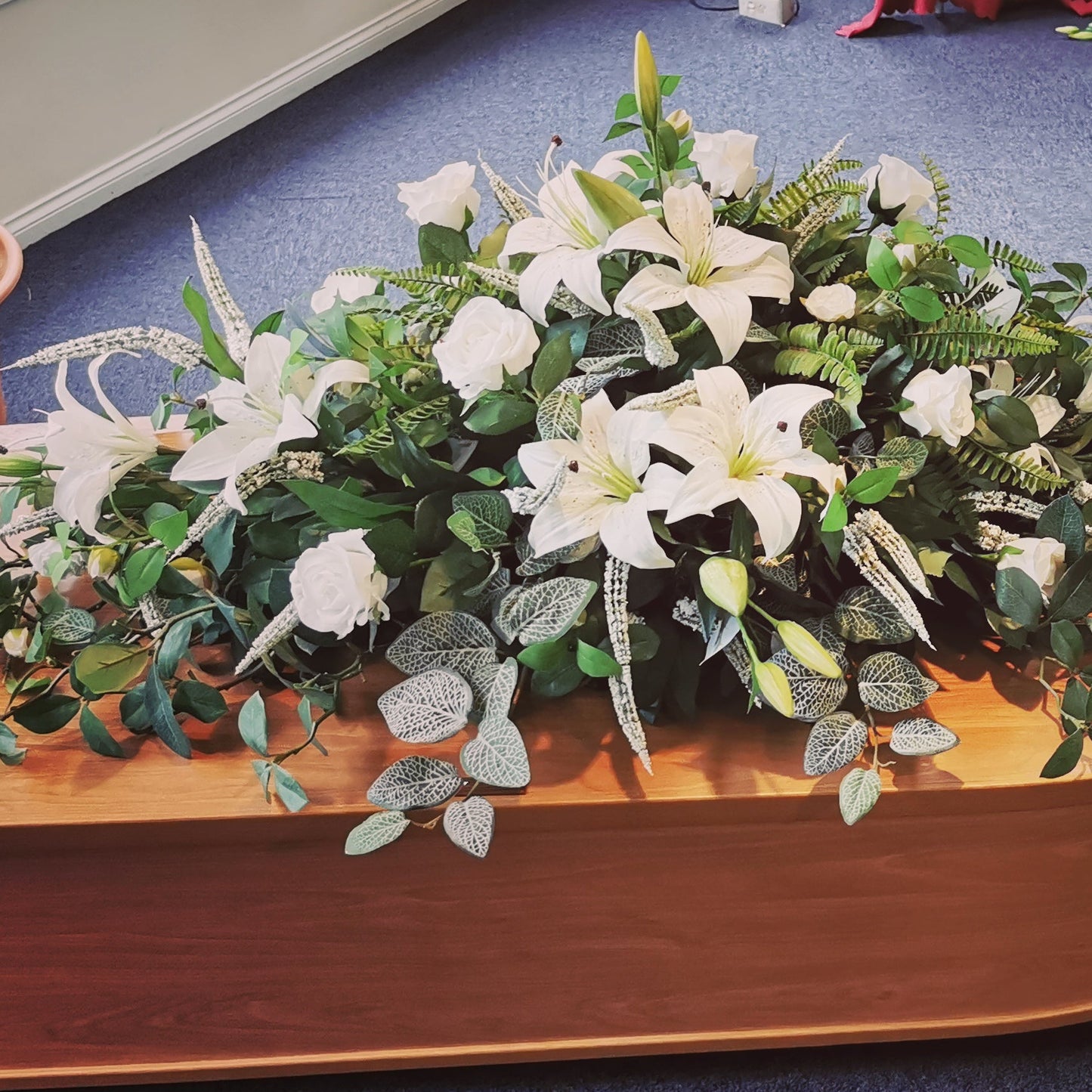 Casket Spray in White Artificial Flowers for Funeral