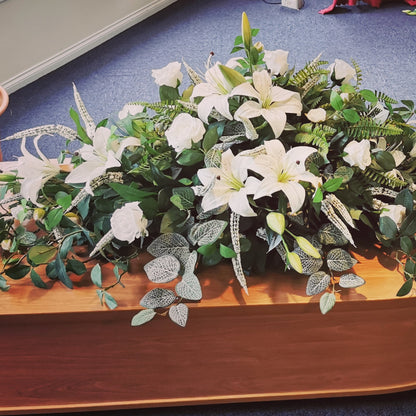 Casket Spray in White Artificial Flowers for Funeral