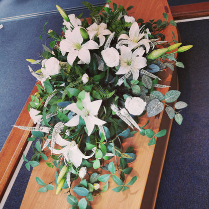 Casket Spray in White Artificial Flowers for Funeral