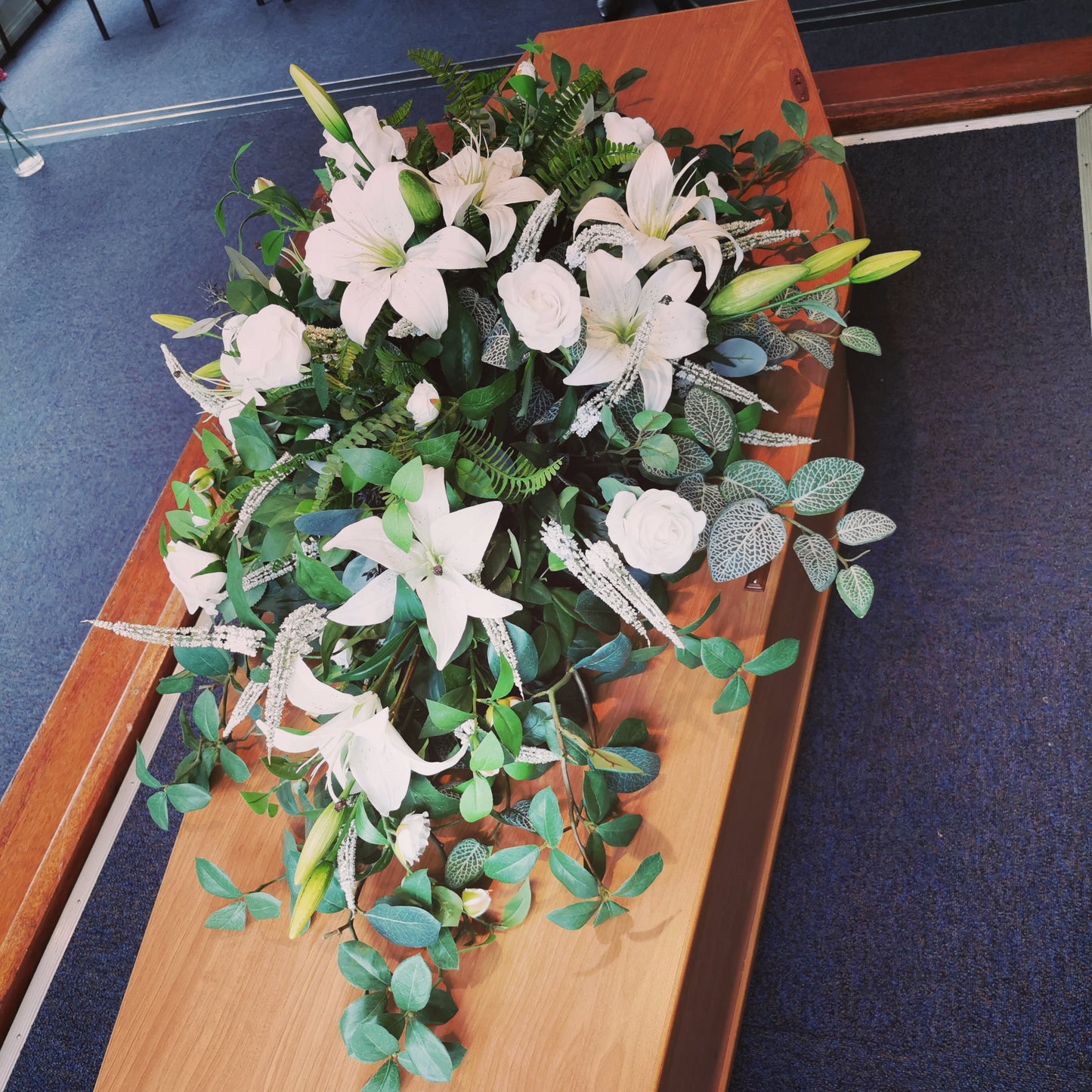 Casket Spray in White Artificial Flowers for Funeral