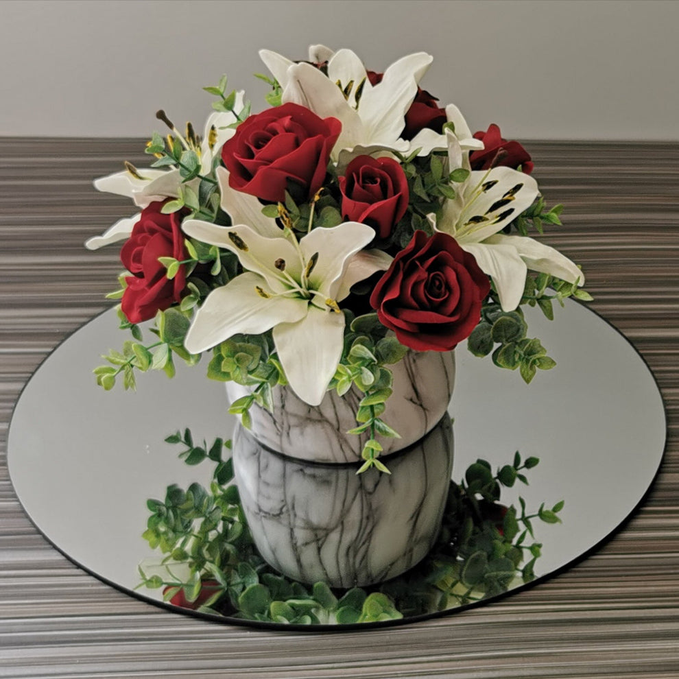 White Asiatic Lily and Red Rose Arrangement – Realistic Artificial Flowers