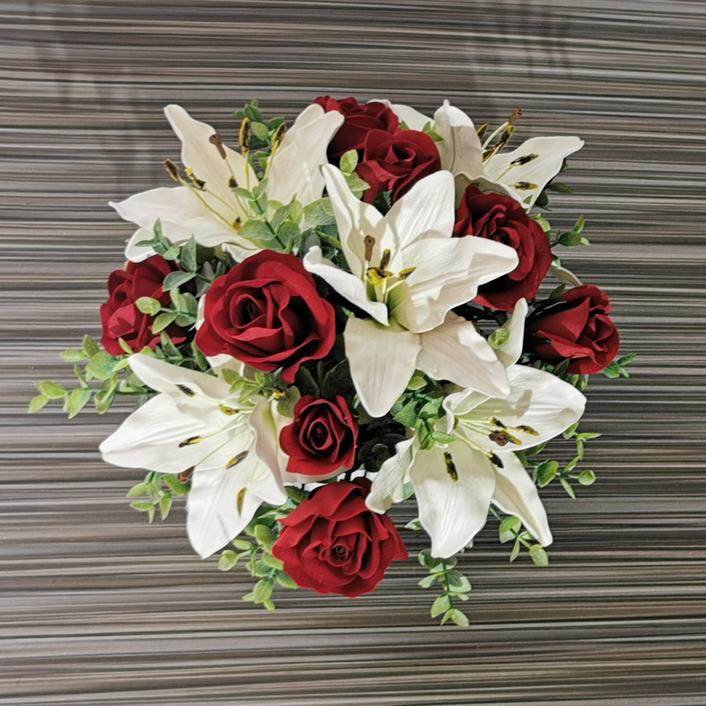 White Asiatic Lily and Red Rose Arrangement – Realistic Artificial Flowers