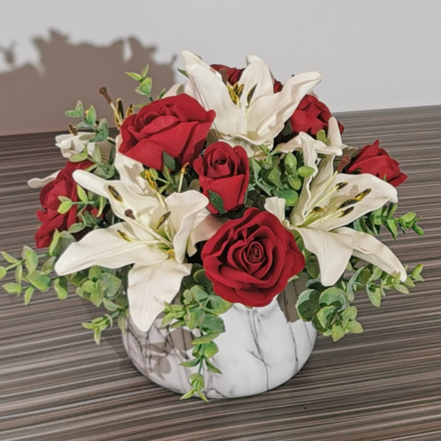 White Asiatic Lily and Red Rose Arrangement – Realistic Artificial Flowers